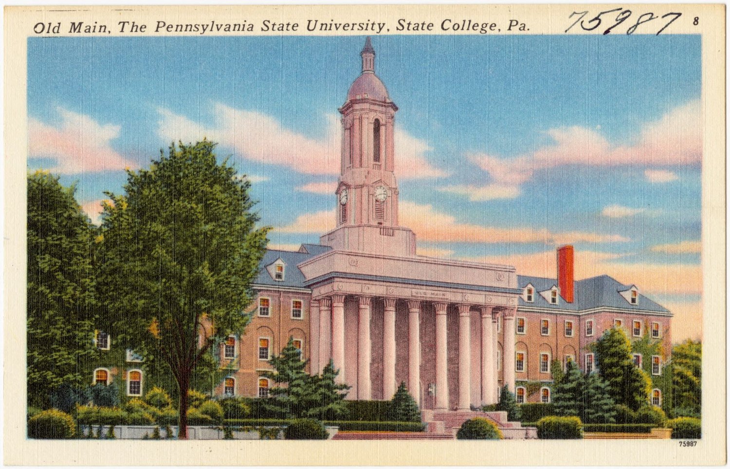 Vintage linen postcard of Old Main, The Pennsylvania State University, State College, Pa., circa 1930s